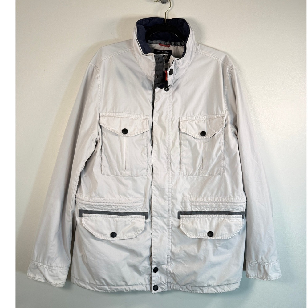 Nautica Jacket Y2K Mens L Field Utility Light Gray Multi-Pocket Outdoor Flaw